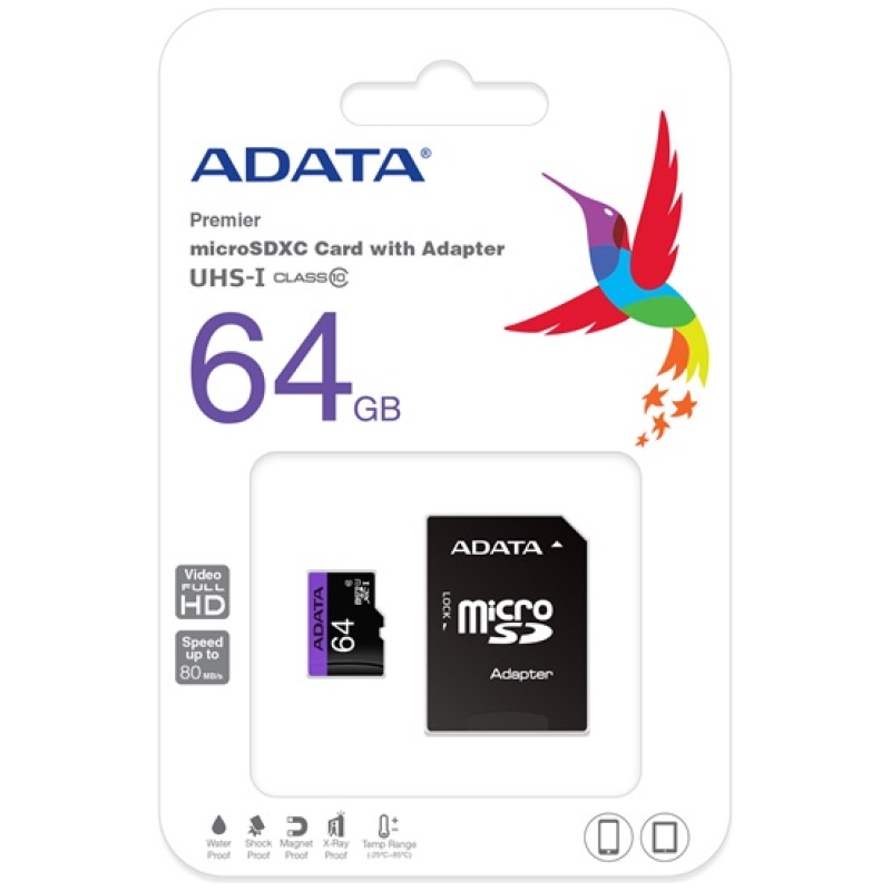 ADATA MicroSD kártya - 64GB microSDXC UHS-I Class10 (R/W: 80/10 MB/s) + adapter