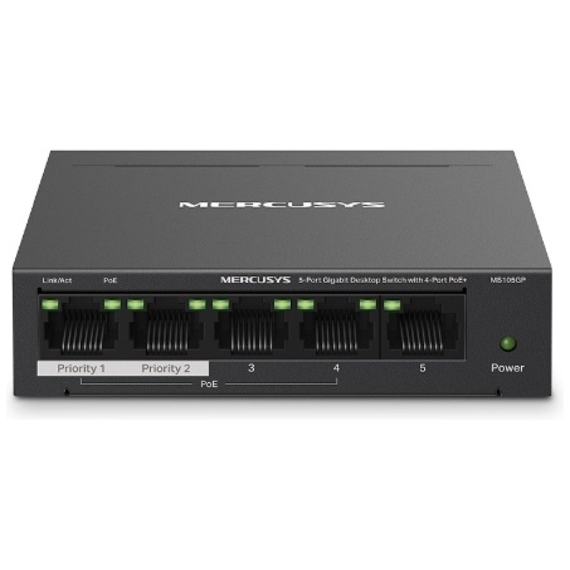 Mercusys Switch  PoE - MS105GP (5 port 1Gbps; 4 af/at PoE+ port; 65W; 250m; fém ház)