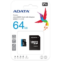 ADATA MicroSD kártya - 64GB microSDXC UHS-I Class10 A1 V10 (R/W: 100/25 MB/s) + adapter